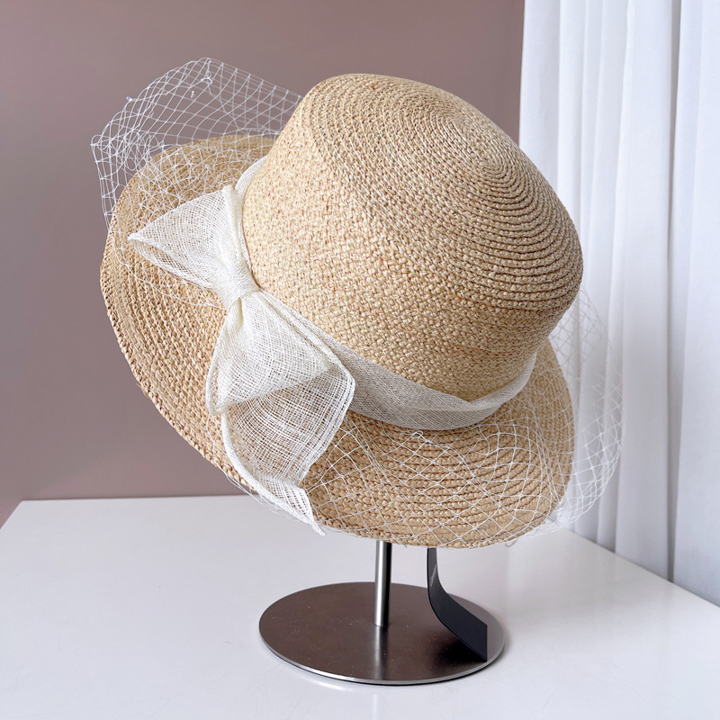 Cappello di paglia donna elegante hepburn in rafia con fiocco_voghion.com