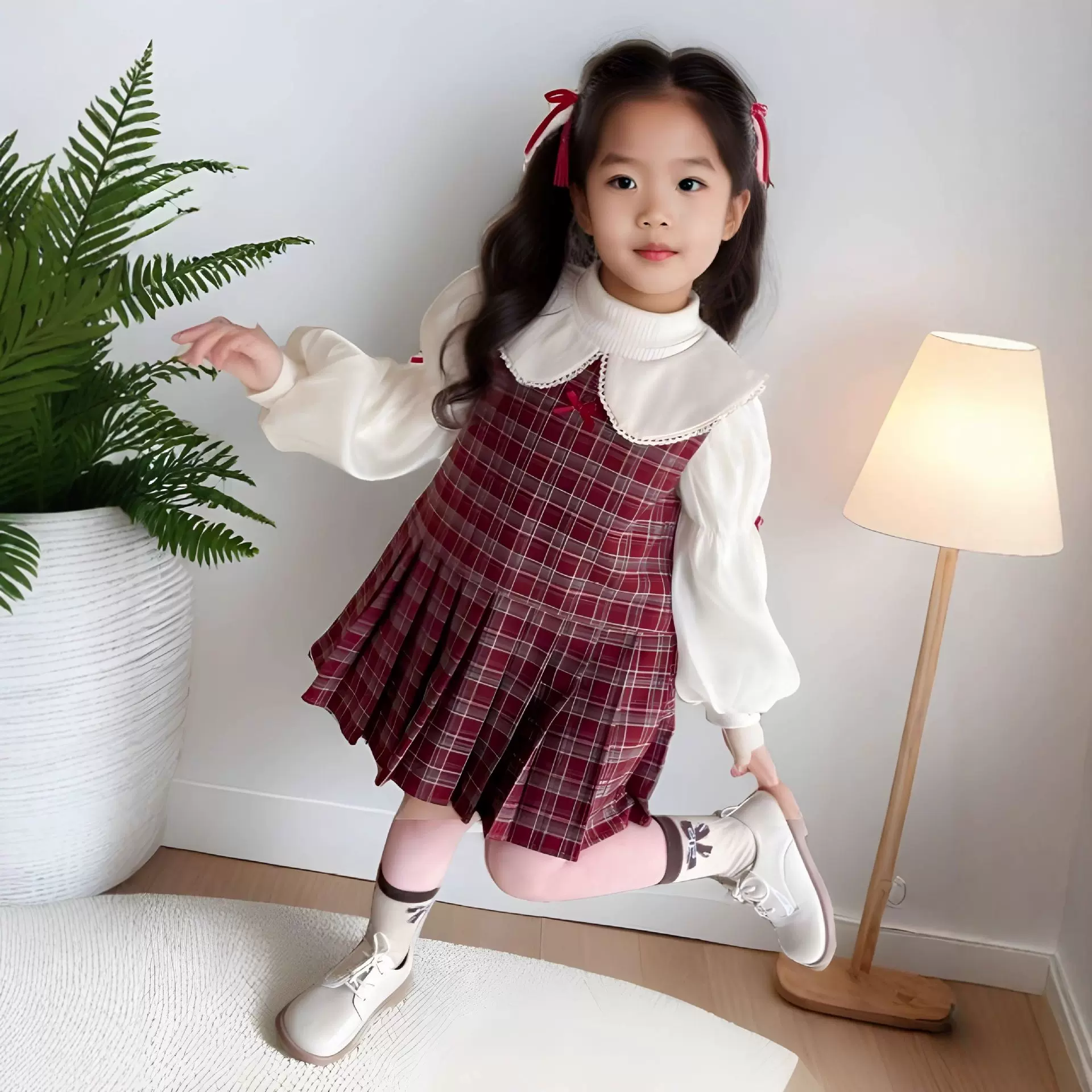 女小童娃娃领格子马甲裙套装秋季洋气韩系儿童打底衫背心裙两件套