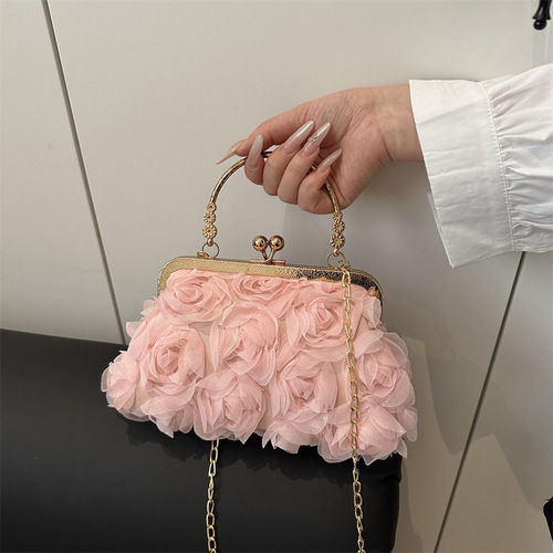 Chiffon 3D Flower Evening Bag Champagne Color Women's Cheongsam Bag Handmade Dress Bag Chain Decorated Bag Shoulder Bag