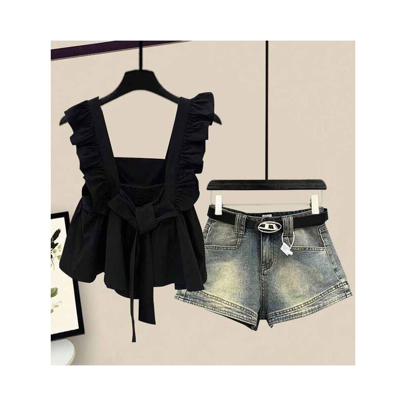 First Love Sweet Square-Neck Flutter-Sleeve Shirt for Women, Summer Bow-Knot Lace Doll Shirt Top, Denim Shorts Two-Piece Set