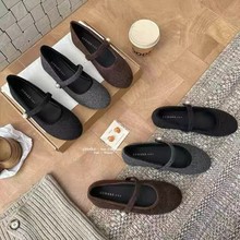 秋冬韩版平底圆头浅口呢子单鞋女鞋子法式一字珍珠扣带玛丽珍鞋女