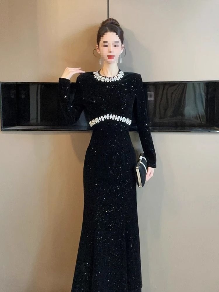 European-style Black For Women, Spring Collection, Heavy-duty Rhinestone Embellished Party Gown, Light Luxury Fishtail_ecoleips.com