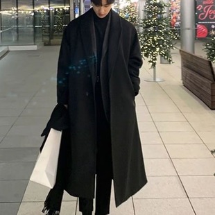 Autumn and Winter Woolen Outwear Men's Double-Layer Windbreaker Mid-Length Over-The-Knee Korean Style Cashmere Woolen Outwear Trendy Black