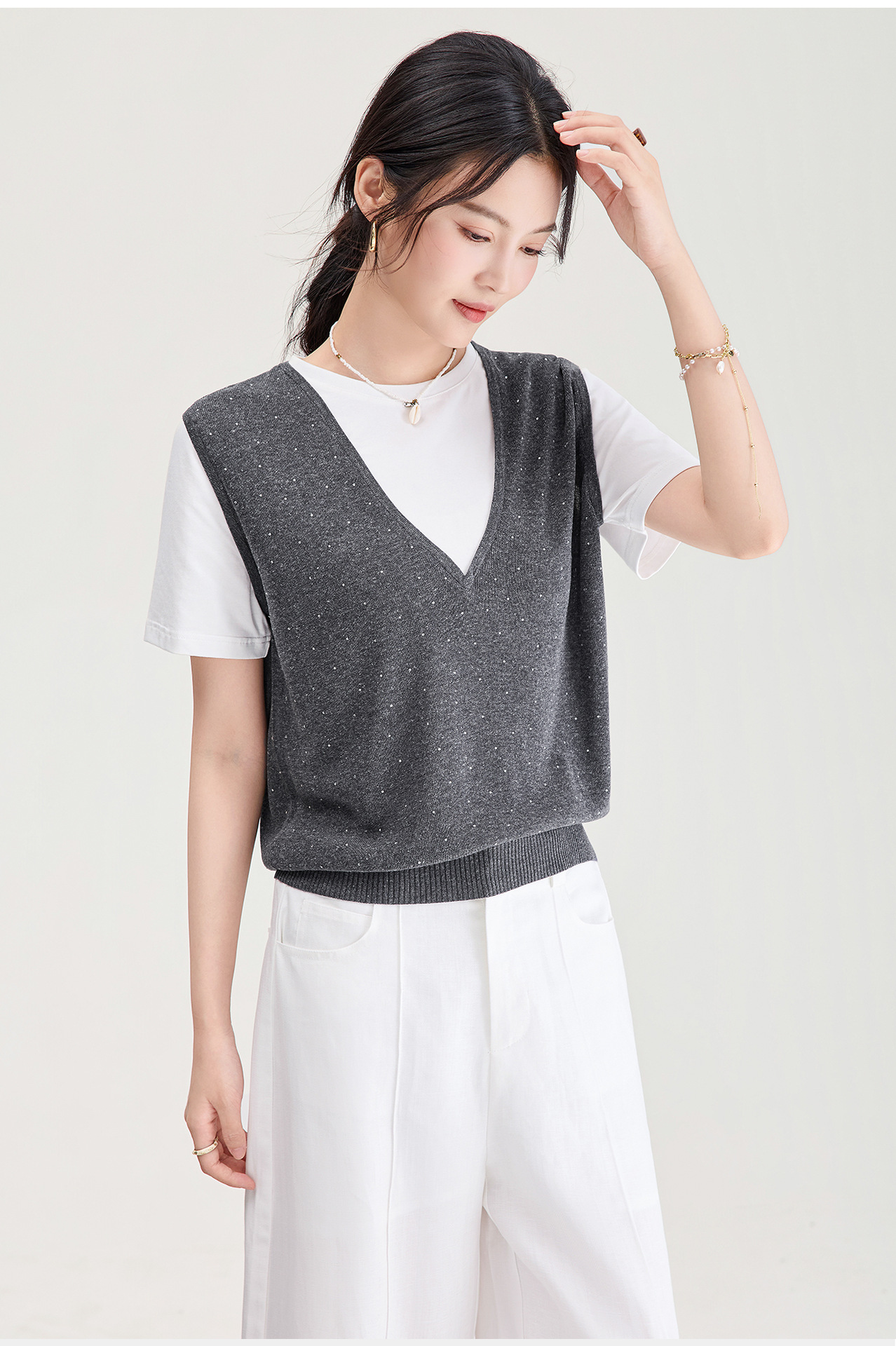 Áo thun tay ngắn phối hai lớp họa tiết dệt kim sợi lanh mùa hè — xám đậm chi tiết 9