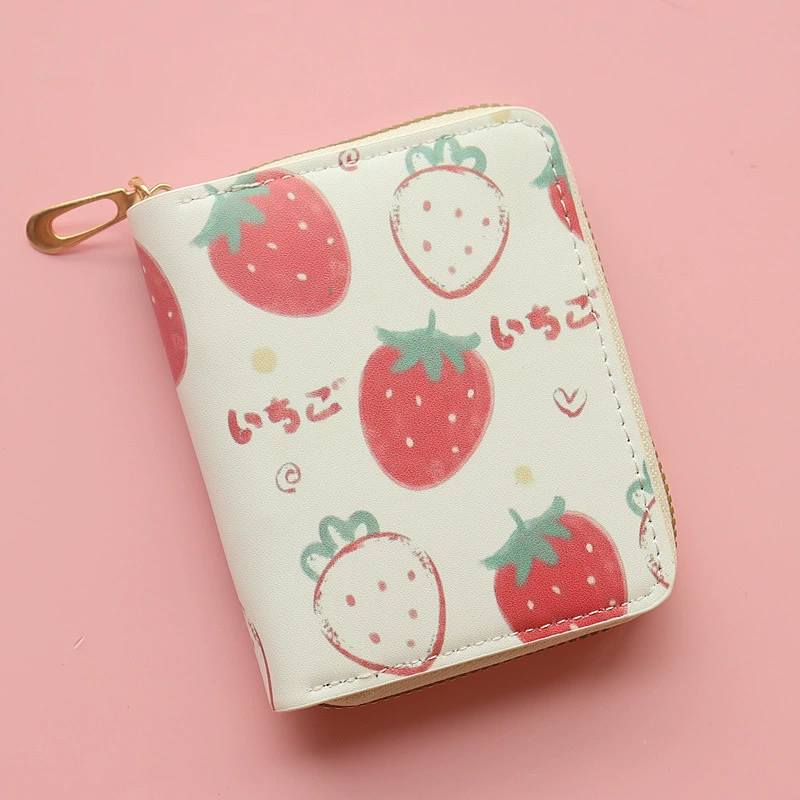 Short Zipper Wallet, cartoon strawberry design, capacious coin/card slots, for elementary students
