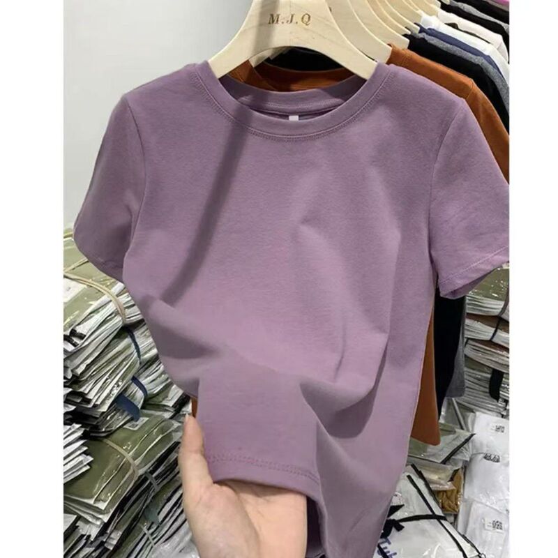 2026 American Retro Slim-Fit Solid Color Round Neck Regular Shoulder T-Shirt Slimming Top Ins Trend Light Purple Black Coffee Color 2026 American Retro Slim-Fit Solid Color Round Neck Regular Shoulder T-Shirt Slimming Top Ins Trend Light Purple Black Coffee Color