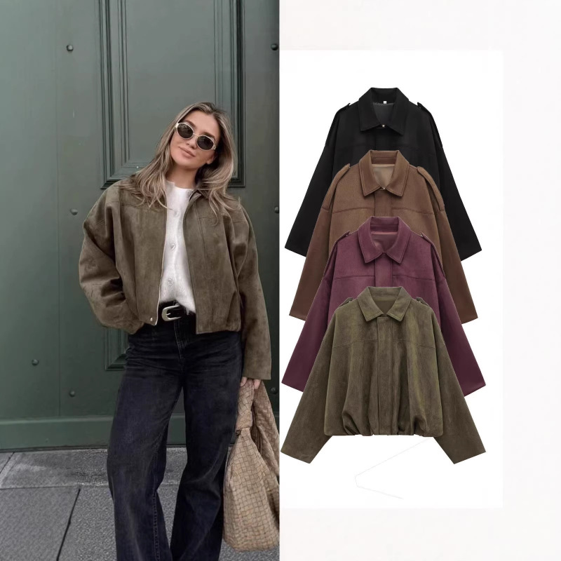 2025 Autumn/Winter European and American Cross-Border Women's Bomber Jacket with Batwing Sleeves, Zipper, Loose Fit, and Suede Texture