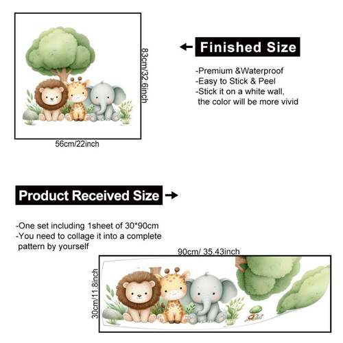 Illustrated Animal Sticker Living Room Entrance Home Decor Self-adhesive Cute Lion Elephant Wallpaper