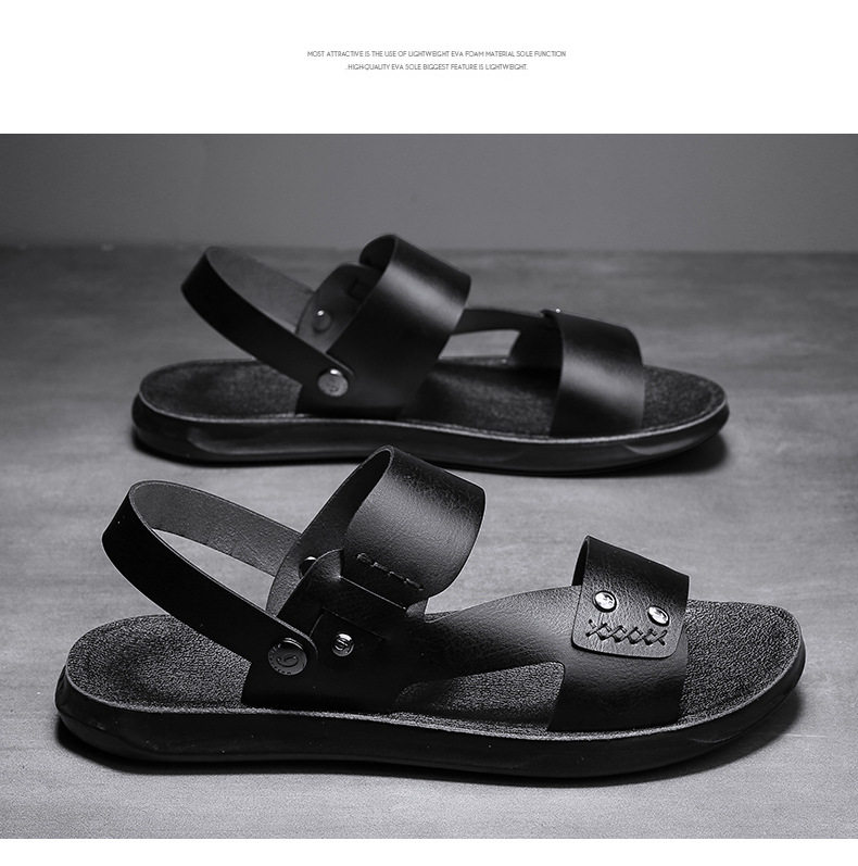 Dép sandal nam hở ngón chất liệu da PU chống trơn thoáng khí đi biển mùa hè — Màu nâu, Đen toàn bộ chi tiết 17