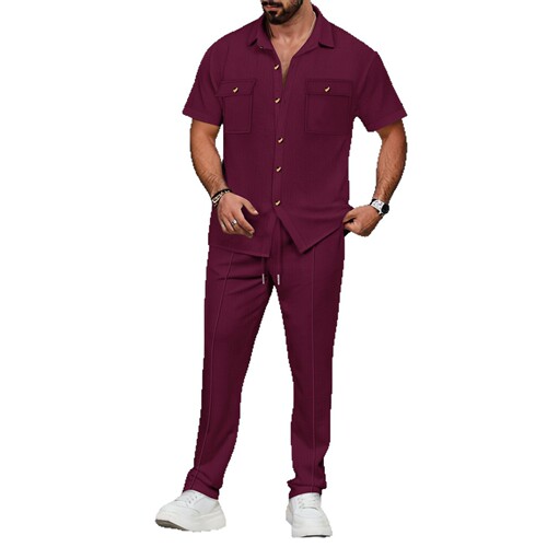 2025 Men's Western Independent Station Summer Solid Color Button Pocket Shirt Short Sleeve Pants Two-Piece Set