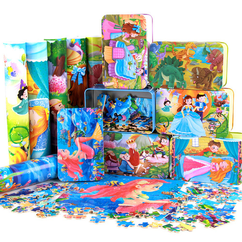 New 60-Piece 100-Piece 200-Piece Wooden Puzzle Children's Cartoon Anime Flat Puzzles Iron Box Wooden Toy