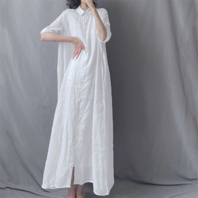 Loose Artistic Cotton and Linen Long Shirt Dress with Turn-Down Collar, Flowing and Sheer Summer New Fairy Long Dress