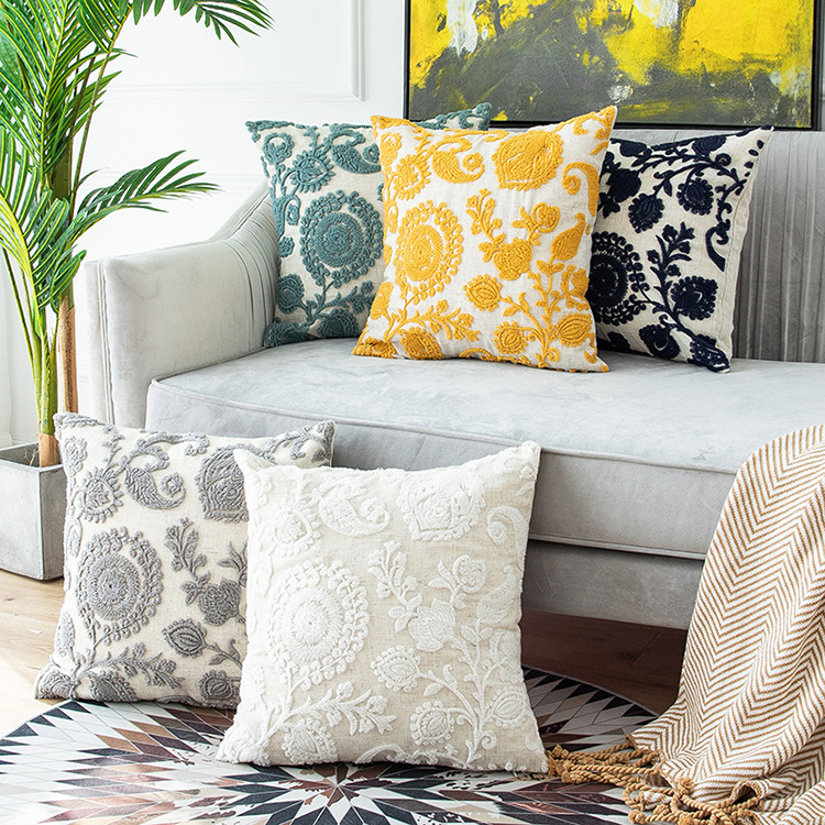 Factory direct Nordic ins flower polyester hemp air three-dimensional embroidery vacuum embroidery cushion Net red pillowcase