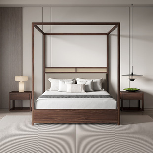 New Chinese Shelf Bed Villa Master Bedroom Homestay Double Bed North American Black Walnut Retro Bed Bedroom Furniture