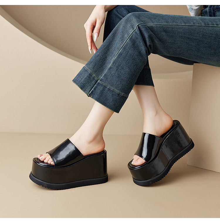 Dép sandal quai ngang da thật đế xuồng cao 8 cm phong cách Âu Mỹ — Màu bạc 10cm, Màu bạc 8cm, Màu vàng kim 10cm, Màu đen 10cm chi tiết 5