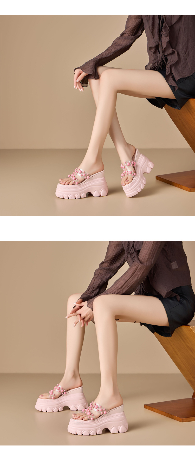 Dép sandal cao gót nữ đế trong suốt gót 12 cm quai ngang đính ngọc trai — màu đen, màu hồng, màu trắng ngà chi tiết 7