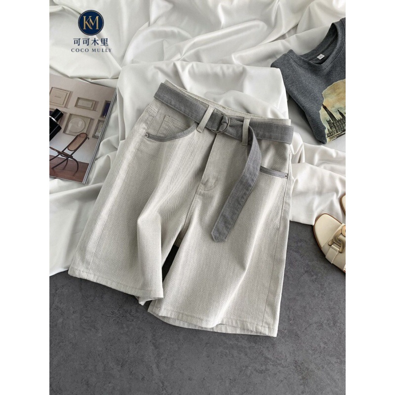 Gray-White High-Waisted Casual Wide-Leg Denim Shorts for Women, New Summer 2026 Model