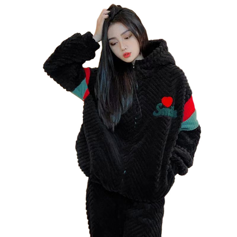 여성용 산호 벨벳 잠옷, 가을 겨울 겉옷, 두꺼운 플란넬, 여분의 지방, 느슨한 300파운드 가정복 세트