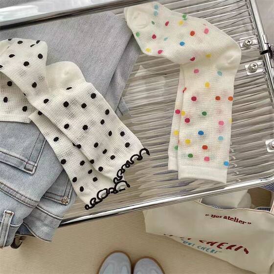 High-value Japanese Color Wave Dot Socks for Women Summer Thin Breathable Sweat-absorbent Mid-length Socks for Girls Dot Yarn Stockings