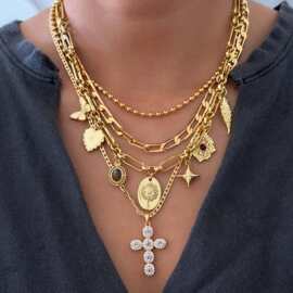 长款十字架项链批发吊坠复古蝴蝶结爱心叠戴设计感necklace锁骨链
