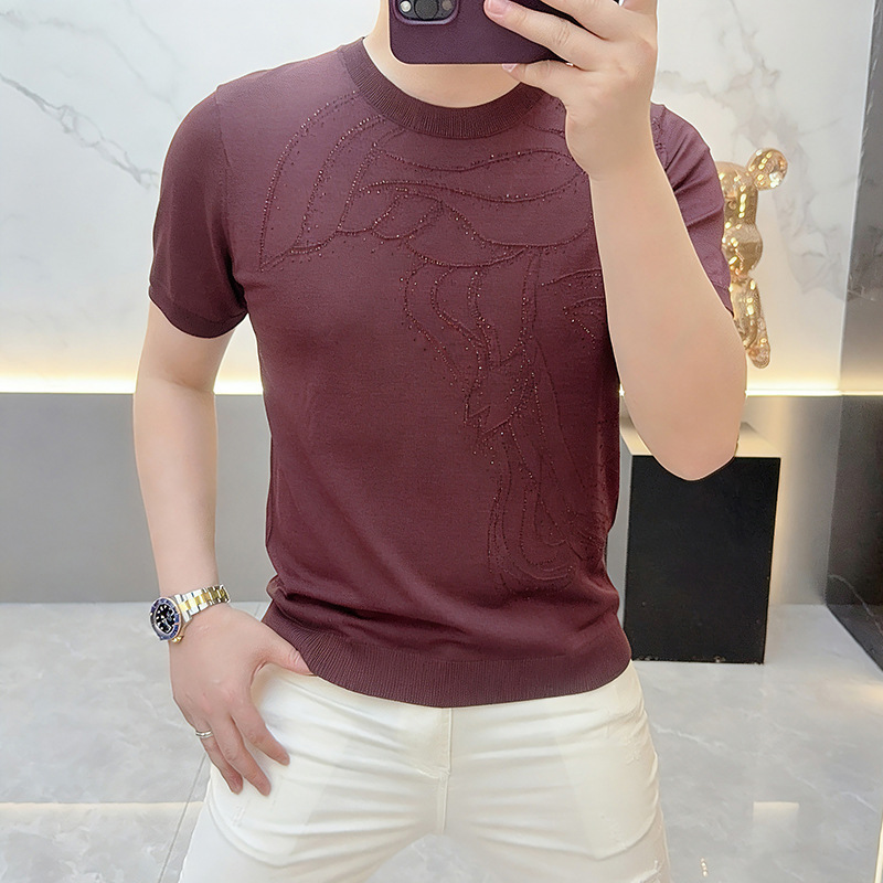 Jacquard Rhinestone Short-Sleeve Men's T-Shirt for Summer, Slim-Fit Personalized Knit Short-Sleeve Men's Shirt, Light Luxury Trendy Thin T-Shirt