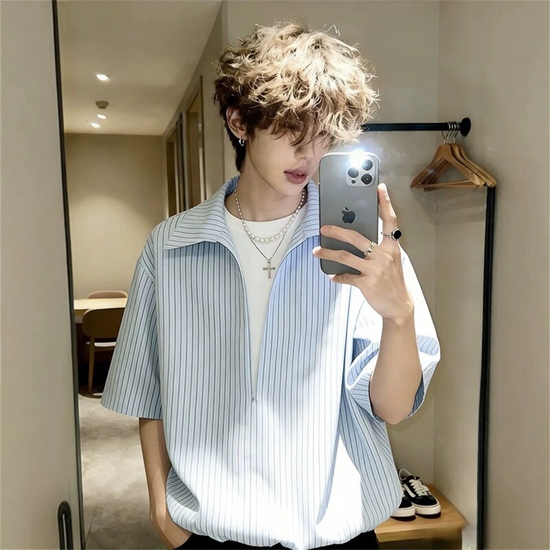 American-Style Fake Two-Piece Striped V-Neck Short-Sleeve Shirt for Men, Summer Cleanfit Old Money Style Half-Sleeve Shirt