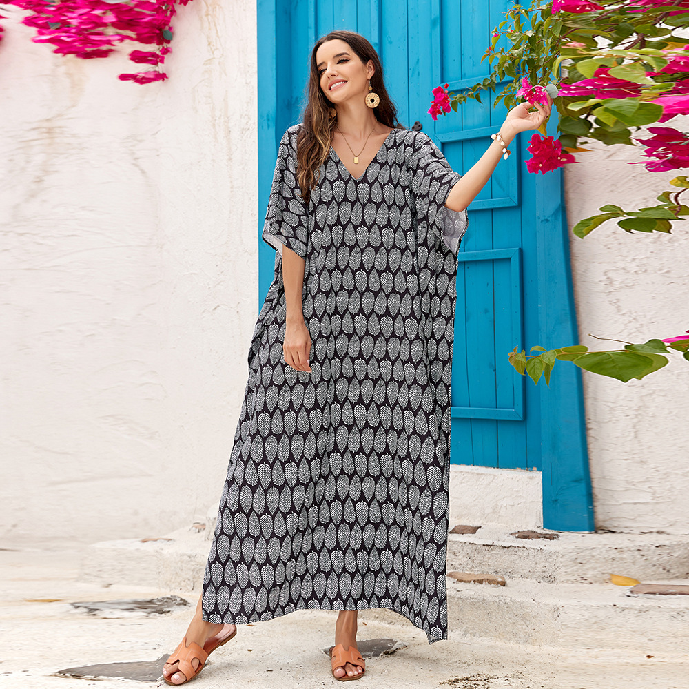 4 colores transfronterizo europeo y americano nuevo vestido largo impreso blusa de playa Plus tamaño vestido bikini protección solar camisa 1D100