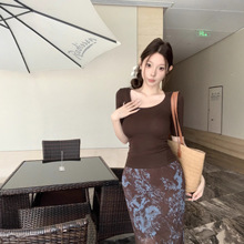 适美2025秋季纯欲风套装气质中袖T恤上衣女晕染包臀半身裙两件套