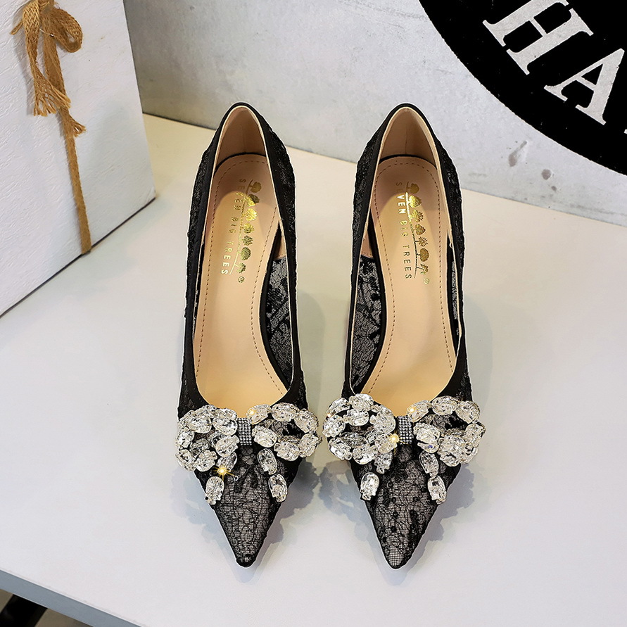 1963-H19 European And American Style Sexy Party High-heeled For Women, Lace Mesh With Rhinestone Bow, Pointed Toe_vogvips.com
