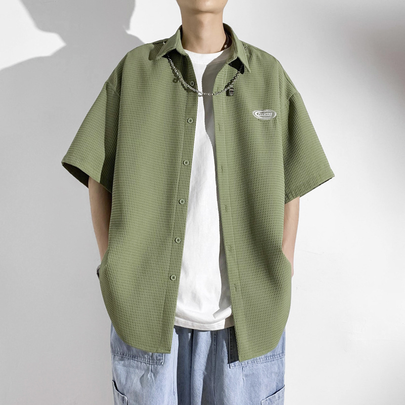 Japanese Style Waffle Short-sleeved Shirt Men's All-match Loose Teenager Top Summer Trendy Brand Casual Half-sleeved Shirt
