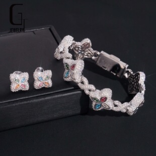 European and American Hip-Hop Best-Selling Four-Leaf Clover High-End Jewelry for Boys and Girls S925 Silver Moissanite Bracelet and Earrings Set Ready for Sale