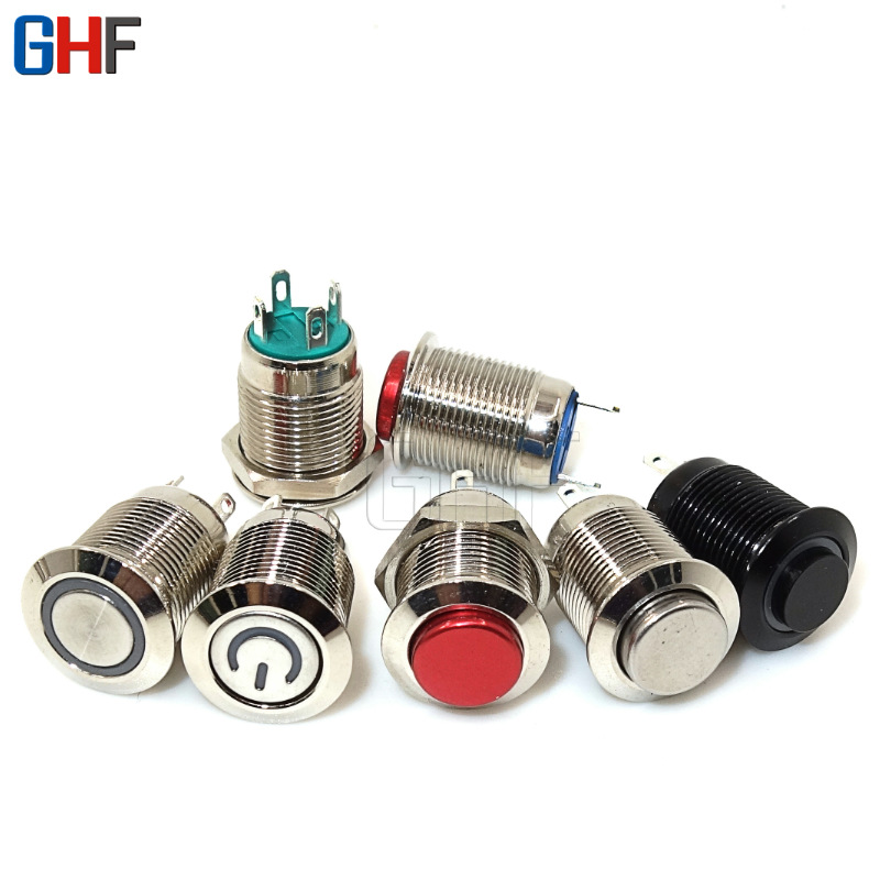 供应12MM金属按钮 平头LED带灯自复位按钮 一键启动电脑开关5v12v