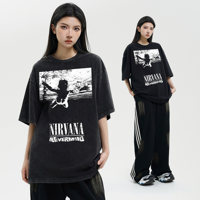 NIRVANA Nirvana Cross-border Pure Cotton American Retro Short-sleeved Men's T-shirt Loose Heavy Summer Half-sleeved