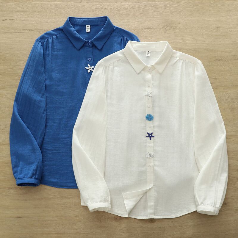 Direct Sale from the Manufacturer: Japanese-Style Solid Color Three-Dimensional Shell-Decorated Cotton Gauze Shirt, Women's Long-Sleeve Double-Layer Gauze Skin-Friendly Cotton Top