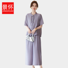 新中式妈妈夏装休闲套装新款中老年女装夏季短袖国风衬衫两件套衫