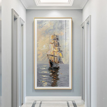一帆风顺进门墙壁画大幅玄关装饰画美式客厅走廊过道竖版大海挂画