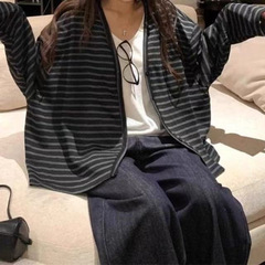高品质2025秋季新款简约慵懒风V领条纹大码开衫女针织衫毛衣开衫