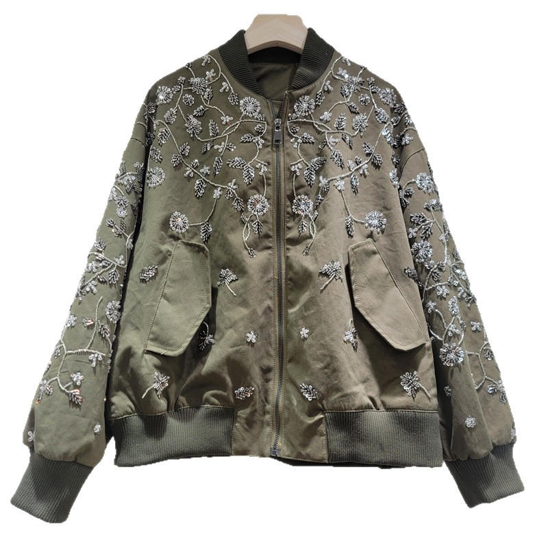 2025 otoño y invierno nuevo estilo de industria pesada clavos de flores chaqueta de béisbol chaqueta de mujer casual suelta chaqueta versátil