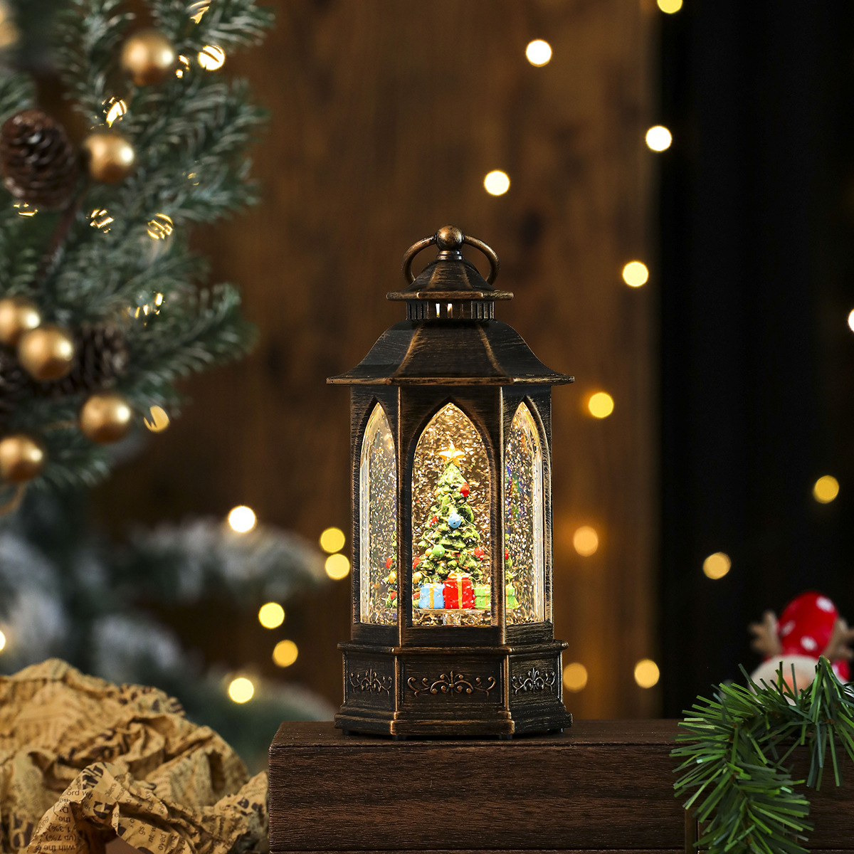 Nueva lámpara de aceite de inyección de agua hexagonal de nieve giratoria luminosa, decoración de caja de música, decoración de regalo de Navidad, linterna