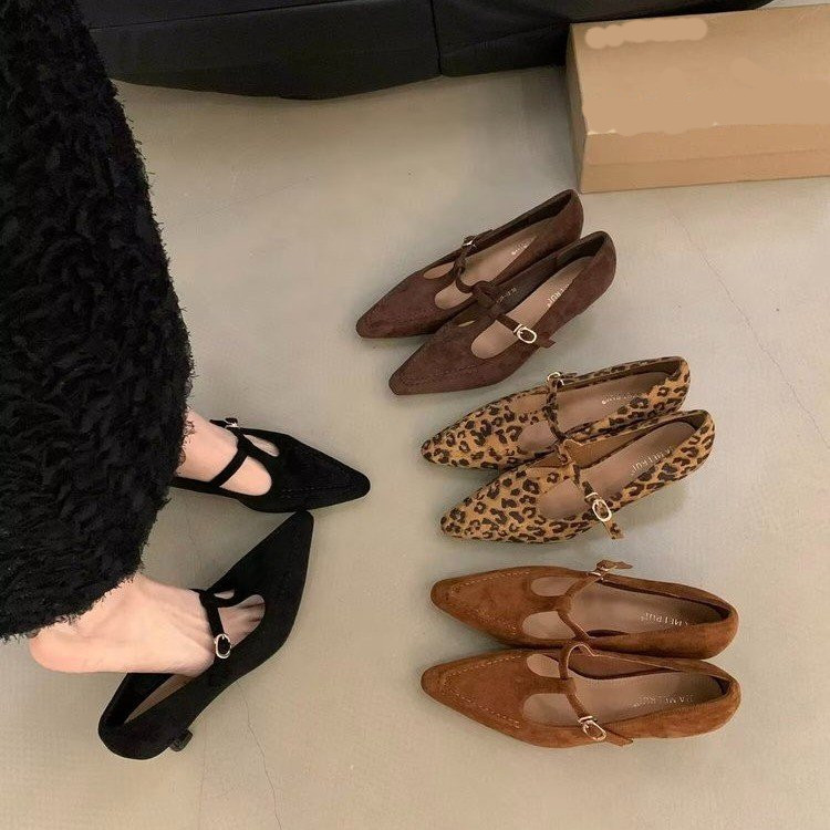 French Style Elegant Commuter Pointed High Heel Shoes 2025 Spring and Autumn Vintage Suede Late Evening Wind Fairy Mary Jane Shoes