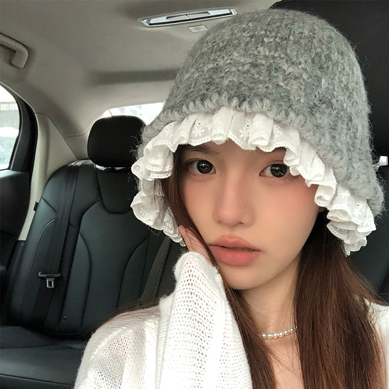 Korean lace knitted fisherman hat for women, sweet warm in autumn and winter, versatile to show off face, small woolen_viptrois.com