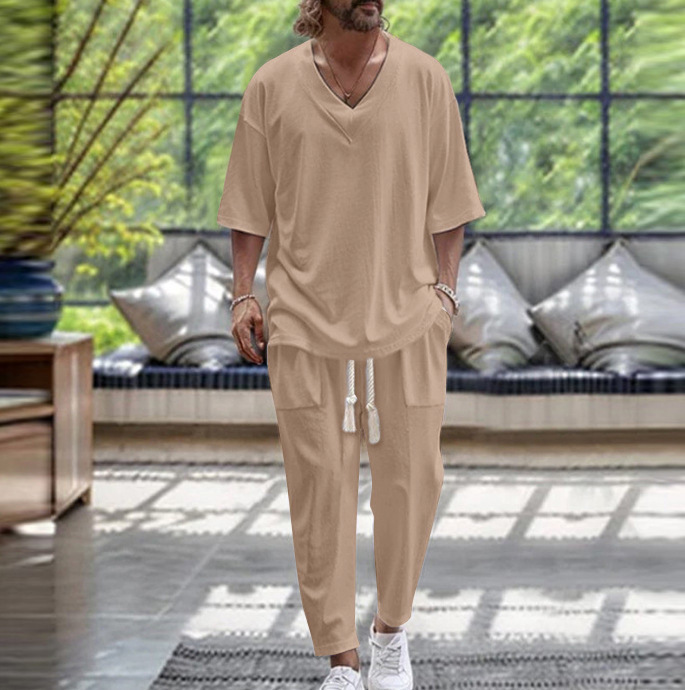 카키색 반팔 바지 정장