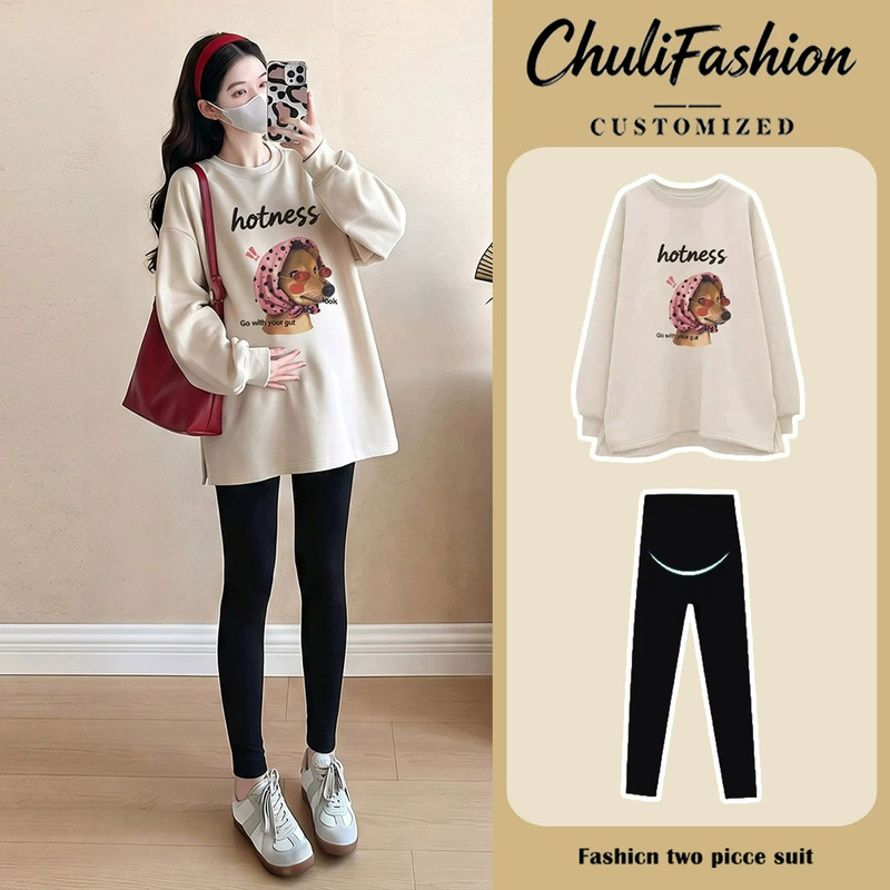 Maternity wear: Korean-style long-sleeved hoodie set with a small dog print, 2026 loose and relaxed fit, suitable for spring and autumn, plus-size top Maternity wear: Korean-style long-sleeved hoodie set with a small dog print, 2026 loose and relaxed fit, suitable for spring and autumn, plus-size top