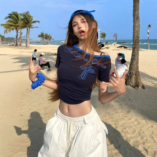 260g Cotton Modal Blouse with Letter Embroidered Gems Sloping Shoulder Short Sleeve Women's Fitted Shoulder-Stripping American Style Top