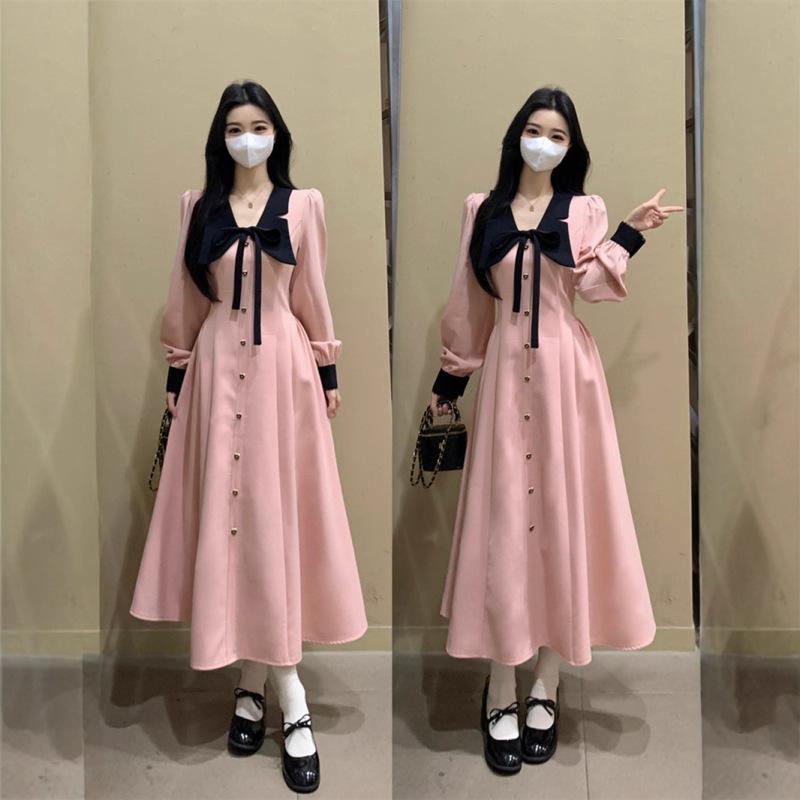 娃娃领法式气质小香风长袖连衣裙女2025秋冬高级感穿搭粉色衬衫裙|undefined