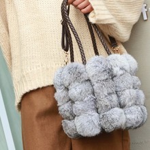 包包2025新款冬季水桶包皮草女包韩国可爱兔毛毛球手提包女单肩包