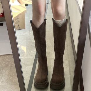 British Style Thick Bottom Long Boots Thin Boots 2024 Autumn and Winter New Style Long Boots Women's Widened Large Tube Heightened Elastic Boots
