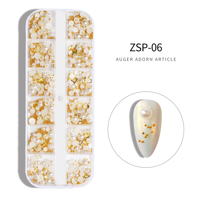 Nuevo producto transfronterizo uñas 12 cuadros caja de tiras largas joyas remaches perlas diamantes de imitación diamantes de vidrio brocas de uñas mixtas