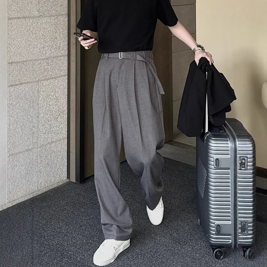 Drop INS Belt Pants Men's Spring and Autumn Loose Korean Style Straight Pants High-grade Grey Casual Pendant