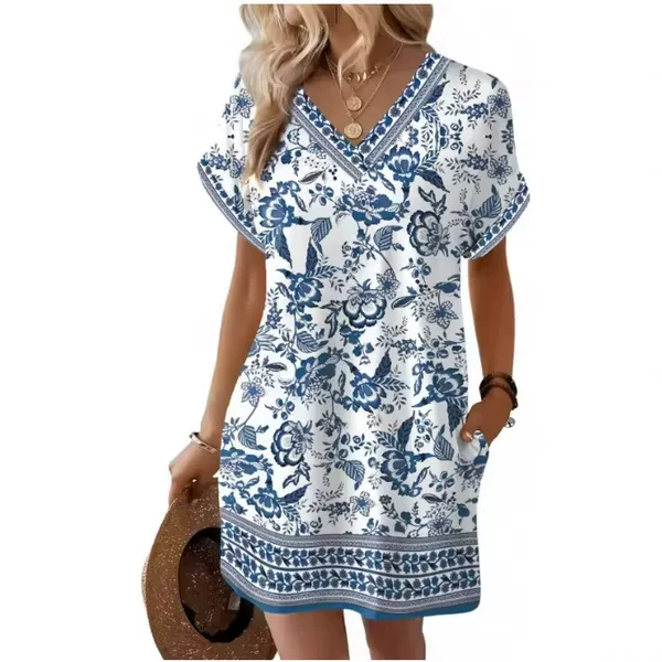 Cross-Border New European and American Fashion Printed Loose V-Neck Short-Sleeved Dress Amazon